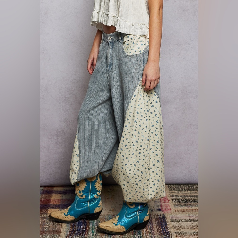 POL “ Front Row Fields “ Patchwork Barrel Pants | Denim Floral